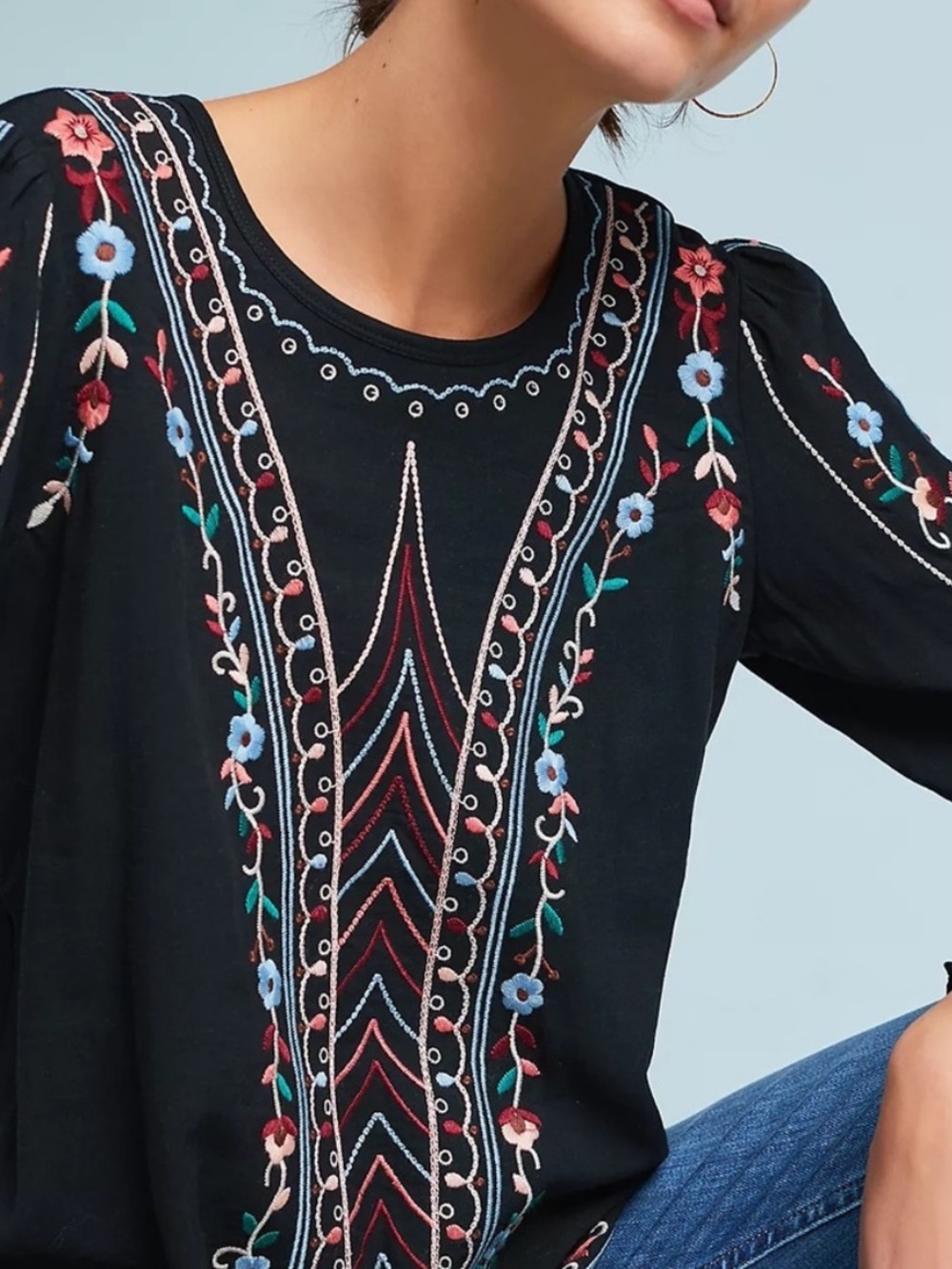 Anthropologie One September Embroidered Long Sleeve Blouse | Size M